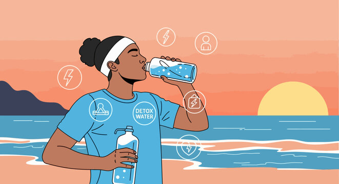 Woman drinking water on beach at sunset.