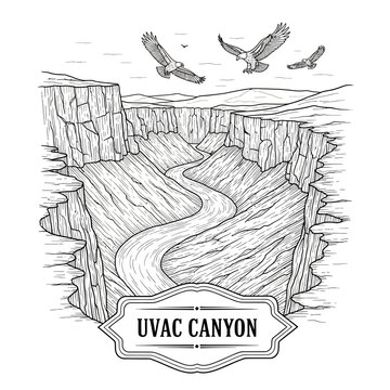 Uvac Canyon Eagles Flying Above River and Cliffs Illustration
