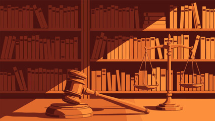 A courtroom scene with a gavel on a desk near a scale and bookshelves © Grogolan