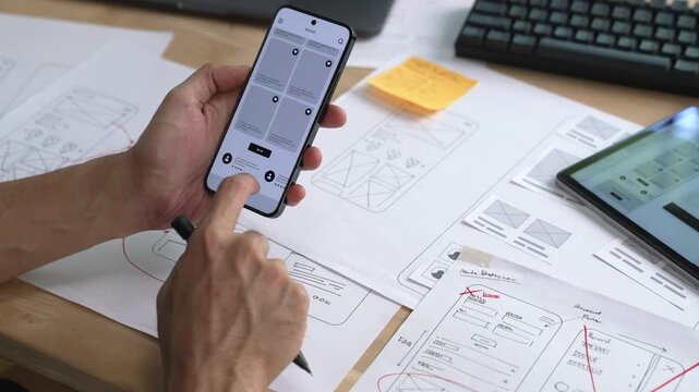 UX UI designer testing prototype on a phone, working on wireframes for a website and mobile app prototype, in concept of website and mobile application design concept.