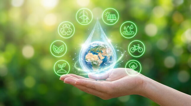 A hand holding a glowing water drop containing a miniature globe, surrounded by green sustainability and eco-friendly on a blurred nature background