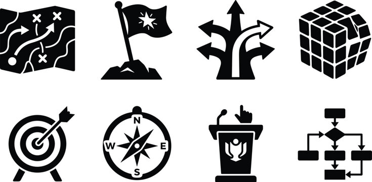 Business Strategy and Planning Icon Set Featuring Target Compass Flowchart Map and Flag on Mountain Peak