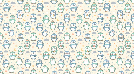 Fototapeta premium Cute Penguin Seamless Pattern - Adorable Toy Characters with Hearts and Stars