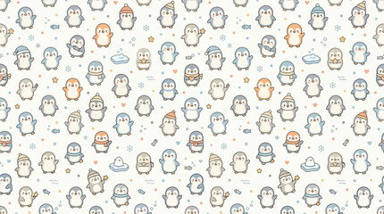 Fototapeta premium Cute Penguin Pattern, Winter Background, Kawaii Animals, Snowflakes