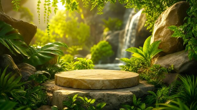 Stone Pedestal in Lush Tropical Jungle Waterfall Scene