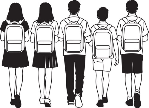 Group of five students or children walking away from camera with backpacks on.