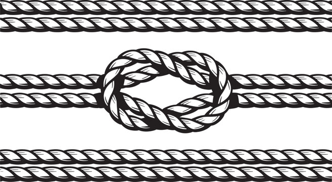 Seamless black rope texture with central knot on a clear background.