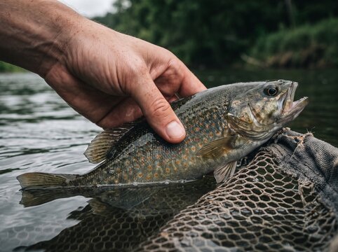 Close-up of a Fisherman Holding a Brook Trout Over River Water