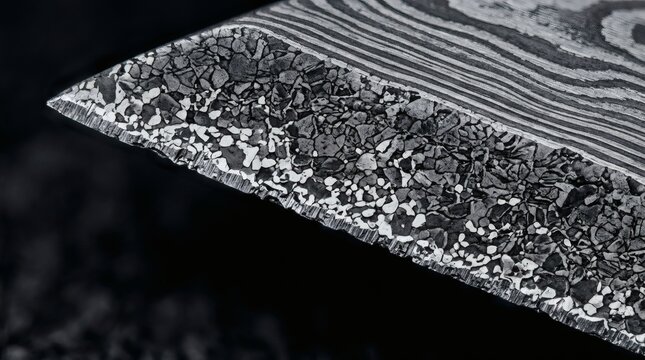 Close up of a Damascus steel knife blade with intricate patterns