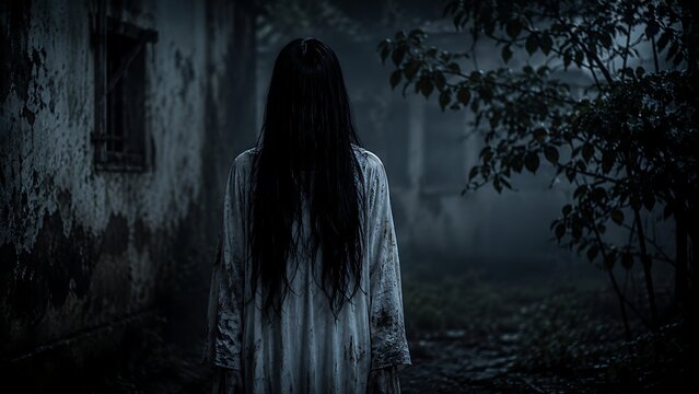 Eerie female figure standing in front of dark spooky abandoned house.