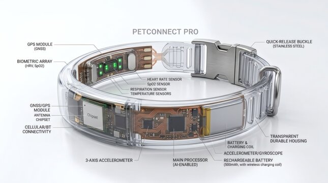 Detailed view of a transparent pet tracking collar with internal components labeled