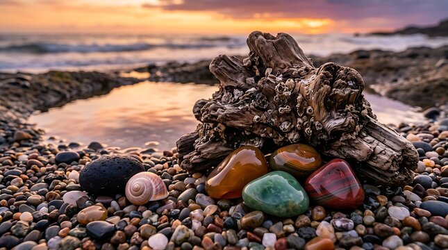 Polished agate stones and driftwood on pebble beach at sunset