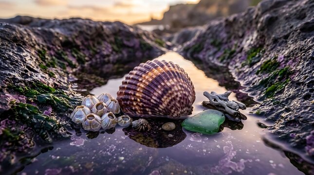 Beautiful striped seashell and barnacles in tide pool at sunset