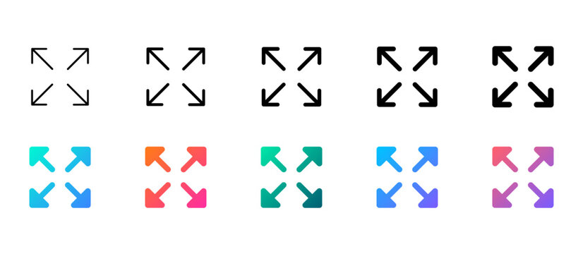 Modern maximize arrows icons set with outline and gradient styles, featuring expand, fullscreen, resize, and enlarge symbols for interface design.