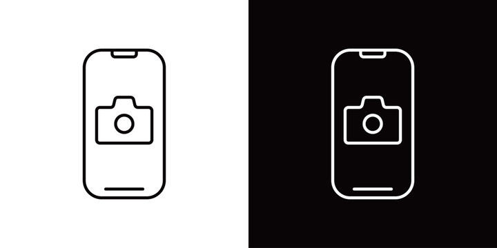 カメラが表示されたスマホ画面のアイコン。モノクロベクターイラストセット