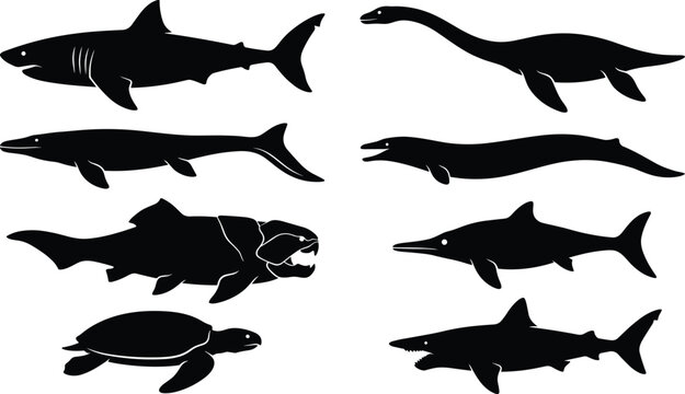 Collection of prehistoric and modern marine creature silhouettes featuring sharks plesiosaur mosasaur and sea turtle icons