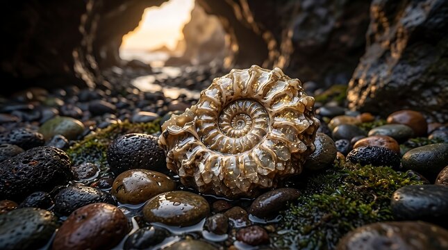 Ammonite fossil shell on wet stones inside sea cave at sunset