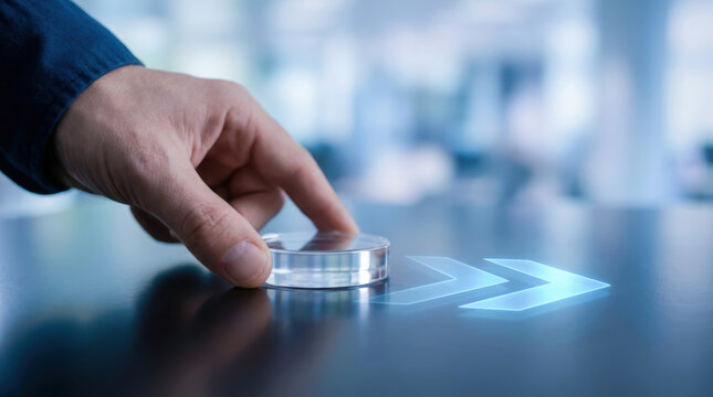 Hand holding clear disc on table with glowing arrow symbol representing growth, roi, cost reduction, and efficiency in business strategy