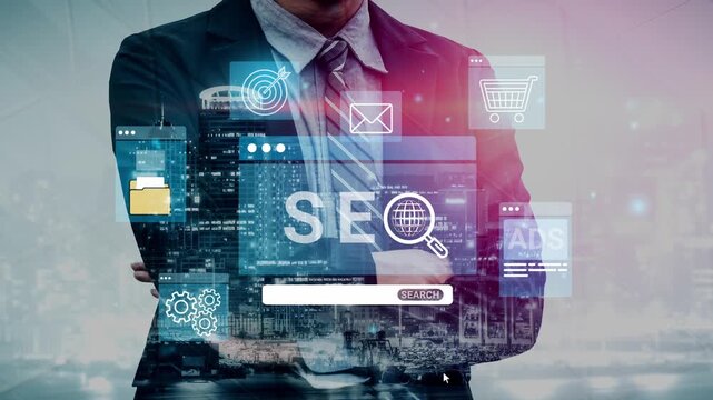 Businessman in Suit Overlays Digital Marketing Concepts with SEO, Ads, E-commerce Symbols to Illustrate Modern Online Strategies for Success. Entropy.