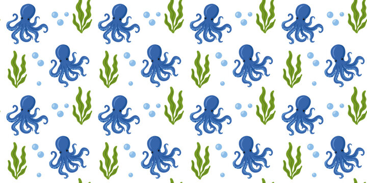 adorable ocean octopus seaweed algae seamless nursery pattern white background