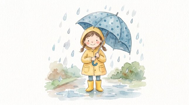 Cute little girl with pigtails wearing a yellow raincoat and rainboots holding a blue polka dot umbrella under the rain