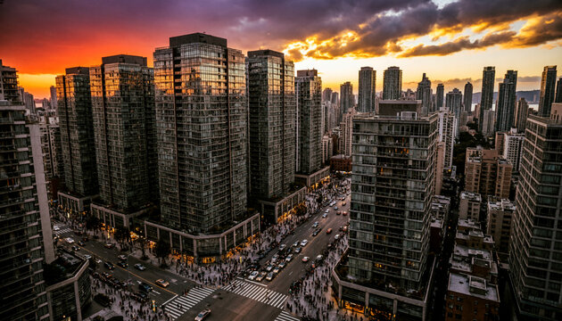 Crowded apartment complex and busy streets in metropolis city during dramatic sunset, population density architectural background