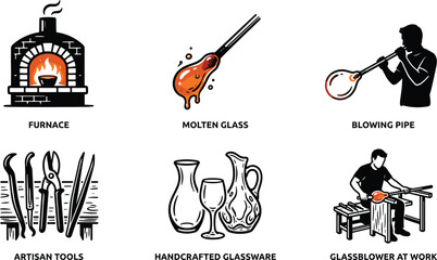 Naklejka premium Glassblowing craft and artisan icons set vector with furnace molten glass pipe tools glassware artist working