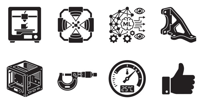 3d printer industrial robot laser and micrometer icons for manufacturing technology set.