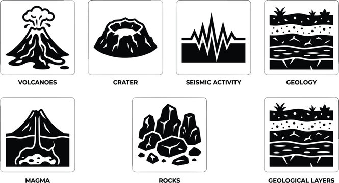 Geology and volcanology science icons set vector with volcano crater seismic activity layer magma rocks layers