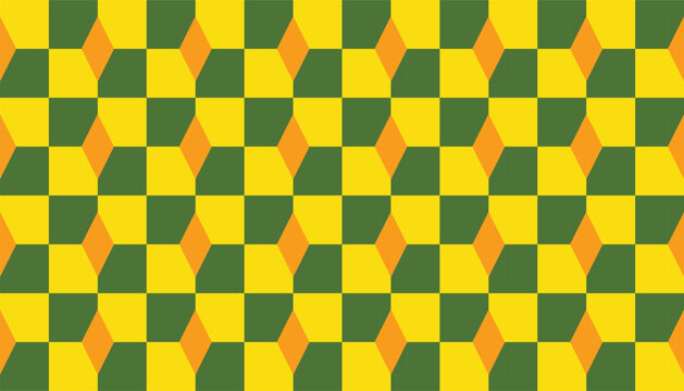 Seamless geometric pattern with 3D cube and rhombus shapes in yellow, green, and orange