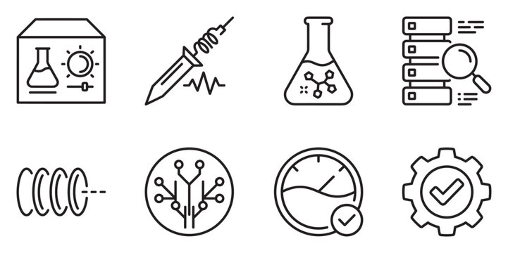 Eight icons for science, technology, testing, and data processing tasks.