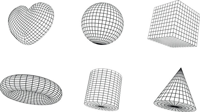 Abstract geometric wireframe shapes collection isolated on clean white background.

Vector linear grid models of heart cube sphere torus cylinder and cone.