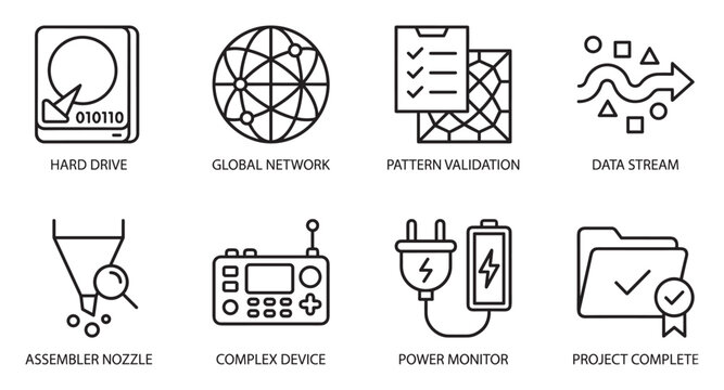 Hard drive global network pattern validation and data stream technology icons.