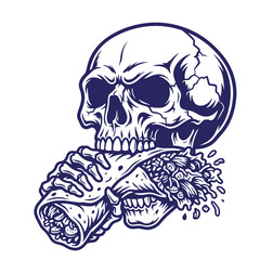Fototapeta premium A detailed monochromatic line of a skeleton skull and hand holding and eating a large burrito, featuring bold dark blue outlines on at-shirt poster white background, prints