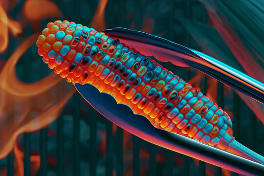 Neon Corn Cob Close-Up with Tongs in Abstract Lighting