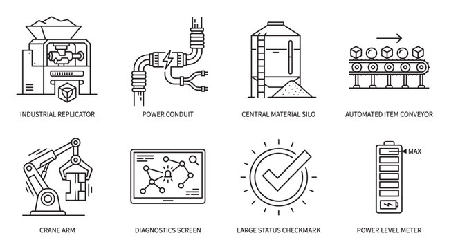 Industrial replicator conduit silo conveyor crane diagnostics checkmark meter.