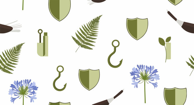 Green and Blue Botanical and Heraldic Elements Pattern.
