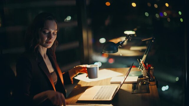 Late manager drinking coffee tired overtime job sitting workplace lamp light