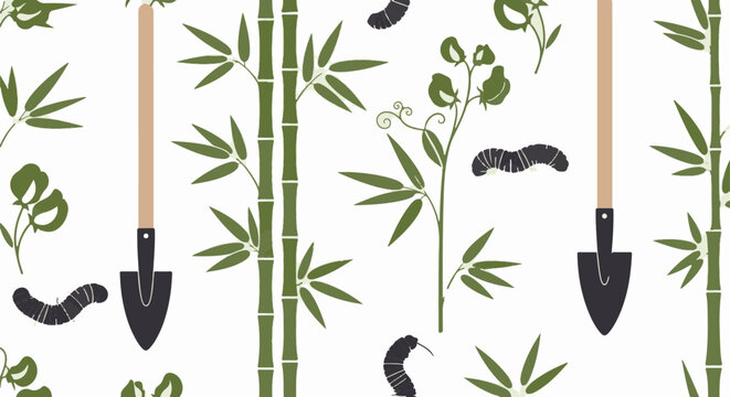 Gardening tools and bamboo plants illustration.