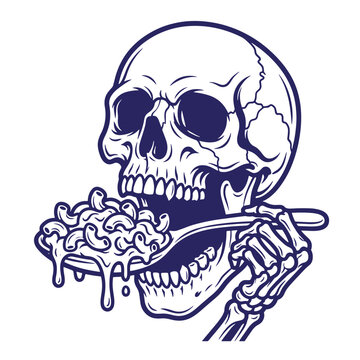 A detailed of a human skull eating a bowl of macaroni and cheese with a spoon, depicted in a dark blue line style t-shirt poster isolated on a white background, for a gothic, food concept