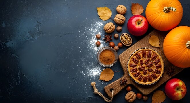 Autumn composition with pecan pie, pumpkins, apples, nuts, and spices on a dark rustic background