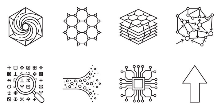 Science abstract molecular structure tech network data and math symbols icons.