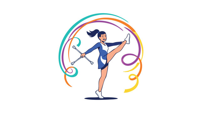 Young Woman Performing Baton Twirling Routine with Colorful Ribbons.