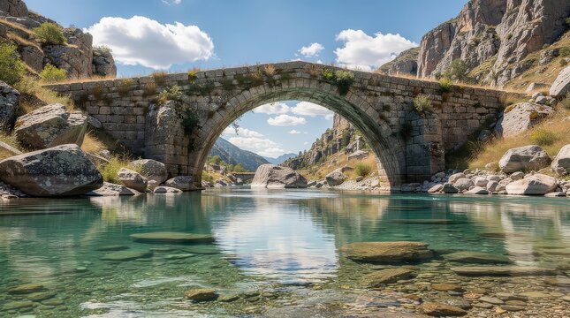 Ancient stone arch bridge over clear river water, surrounded by rocky mountains under a bright blue sky with scattered clouds.