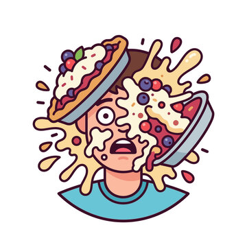 Man hit in face with exploding fruit pie, messy food explosion, surprise and shock