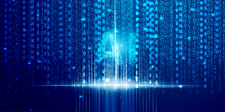 Artificial intelligence text emerging from glowing binary code data stream on blue background.