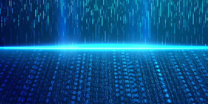 Blue binary code data stream on digital landscape with glowing horizontal light beam.