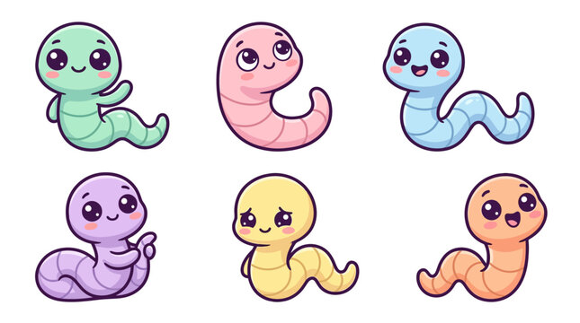 Cute cartoon worms in pastel colors with big eyes