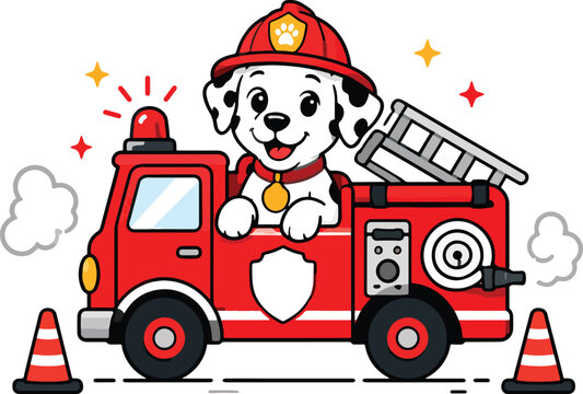 Dalmatian dog wearing firefighter hat.