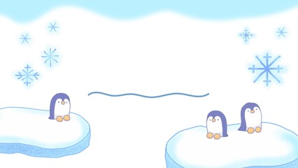 Cute cartoon penguins on ice floes with snowflakes and blue sky, winter illustration, playful arctic scene © Perdani